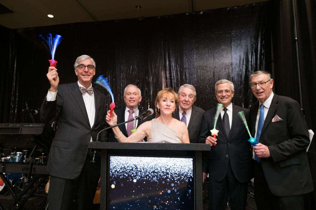 Brad Rauch, Buster Freedman, Judy Yambra, Larry Buck, Michael Feinstein. Gary Swartz at the Seven Acres gala, held at the Hilton Americas-Houston. (Photo by Daniel Ortiz)