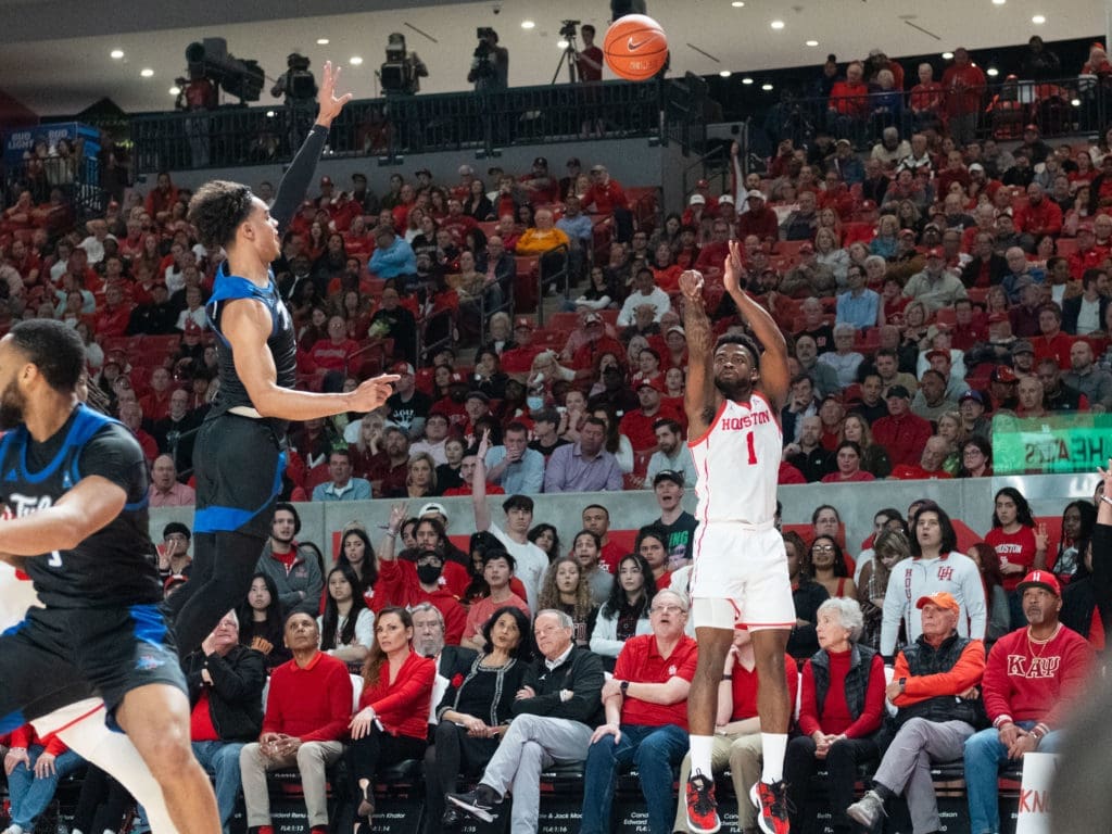 University of Houston point guard Jamal Shead scores when the team needs it. (Photo by F. Carter Smith)