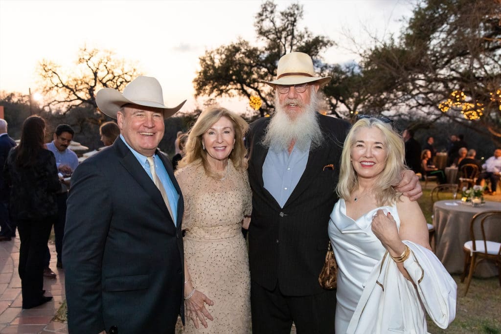 Steve LaMantia, co-chair Linda LaMantia, and Grammy Award-winning musician Ray Benson at the 2023 Texas Medal of Arts Awards cocktail reception at the Commodore Perry Estate in Austin. 