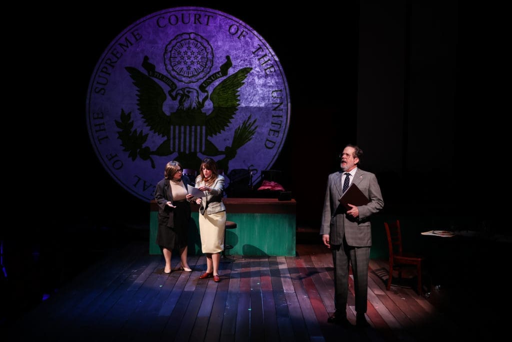 Thomas Prior, Kelley Peters (Sarah Weddington) and Chaney Moore in Stages production of ROE (Photo by Melissa Taylor)