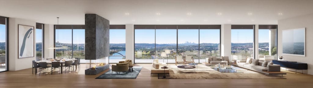 Four Seasons Private Residences Lake Austin's Lakeview East Penthouse living area. (Images by DBOX for Austin Capital Partners)