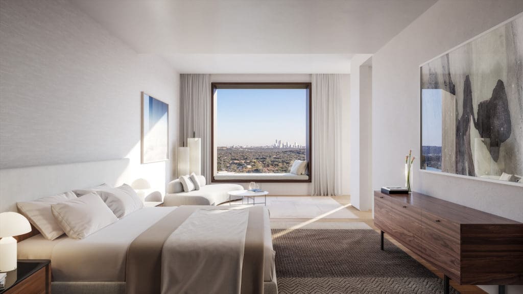 Four Seasons Private Residences Lake View East Residence primary bedroom. (Photo courtesy of DBOX for Austin Capital Partners)