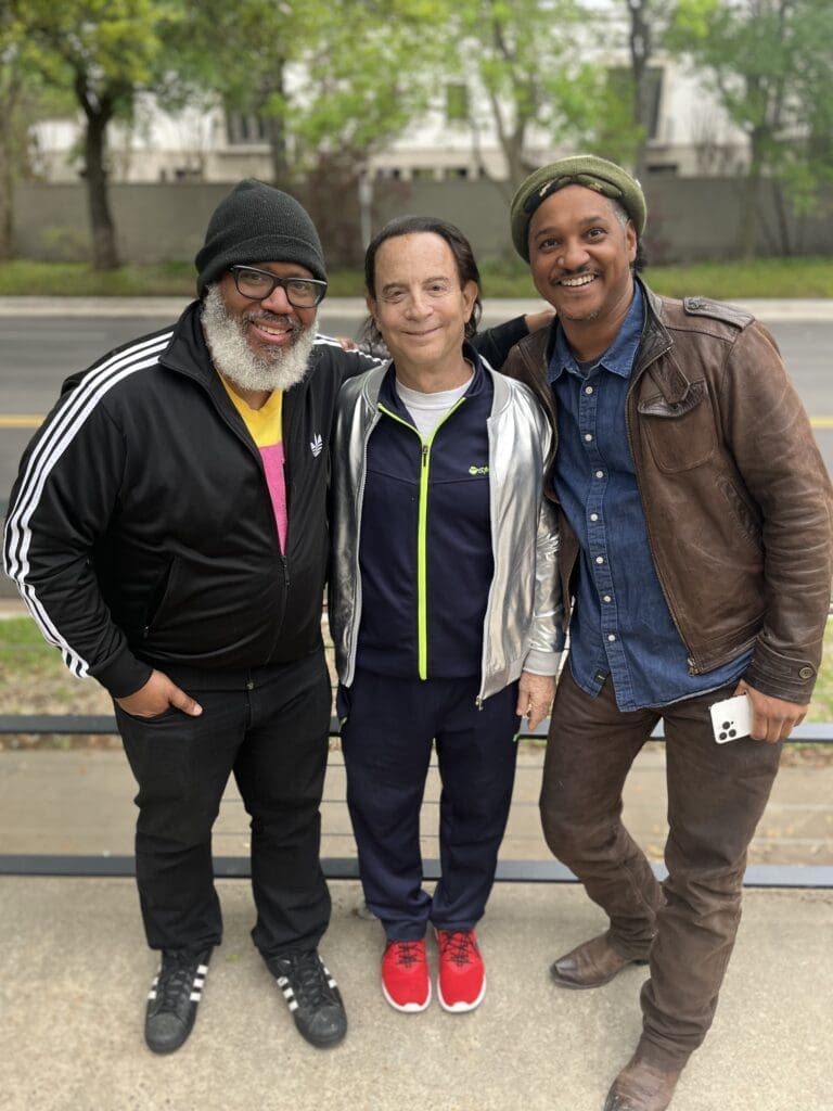 Artist Trenton Doyle Hancock, art patron Lester Marks, artist Angelbert Metoyer at CAMH Court, 2023 (Photo courtesy Lester Marks)