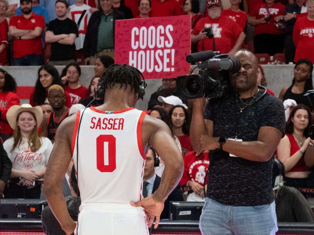 UH guard Marcus Sasser found himself in the Senior Night spotlight.  (Photo by F. Carter Smith)