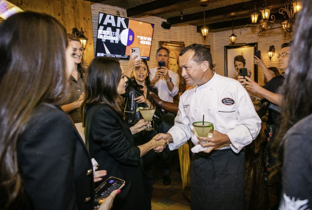 El Tiempo Cantina executive chef Dominic Laurenzo welcomes Eva Longoria, who was in Houston promoting Casa Del Sol tequila. (Kelley Sweet Photography)