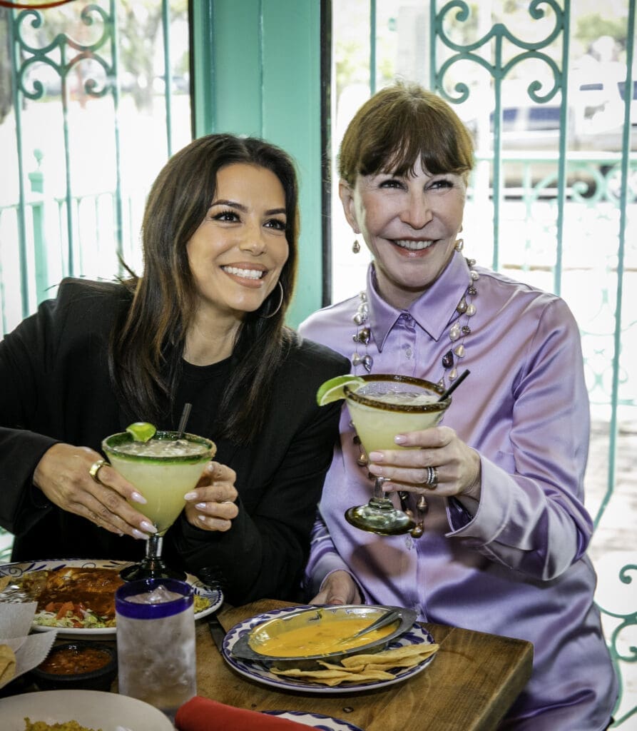 Eva Longoria, Shelby Hodge toasting the Tex-Mex lunch at El Tiempo with Casa Del Sol margaritas (Kelley Sweet Photography)