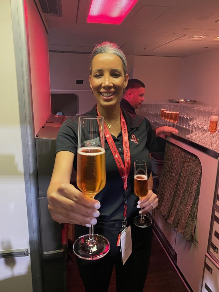 Champagne for VIPs boarding the Houston Rockets team plane at the Houston Rockets Clutch City Foundation gala at the Landry's hangar at Hobby Airport. (Photo by Shelby Hodge)