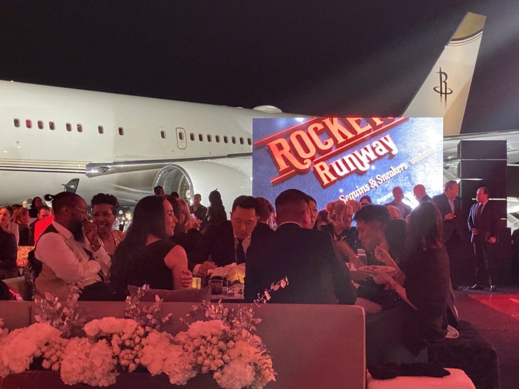 The scene at the Houston Rockets Clutch City Foundation gala at the Landry's hangar at Hobby Airport.