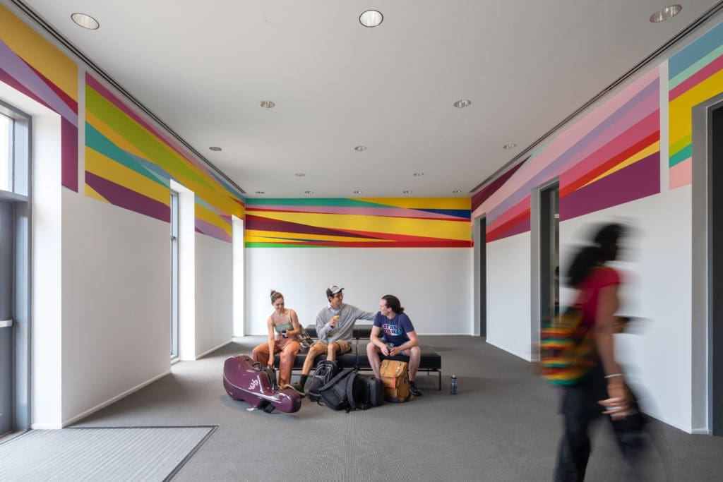 One of the latest additions to Rice University's acclaimed public arts program: Odili Donald Odita's mural "Meeting Place / Painting with Changing Parts," 2022, at Alice Pratt Brown Hall, commissioned by the Moody Center for the Arts, Rice University (Photo by Sean Fleming)