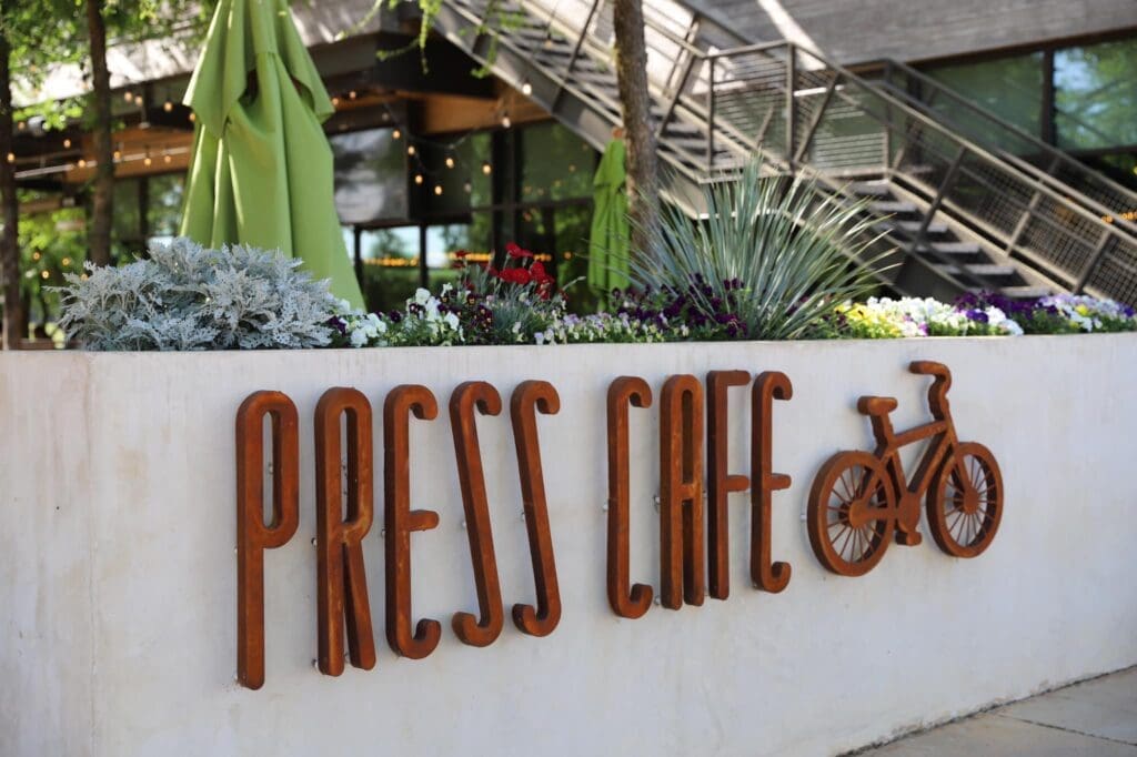 Press Cafe embraces its location at the Trailhead at Clearfork, overlooking the river.