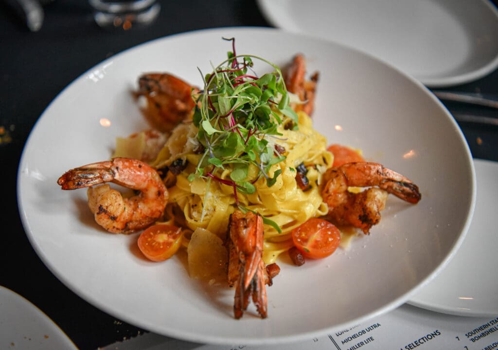 Shrimp pasta is a menu favorite at Morton’s Grille in The Woodlands.