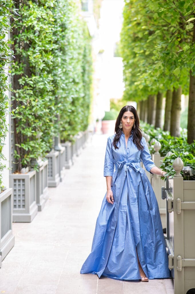 Caitlin Wilson in a gown by Luciana Emilia made in Wilson’s Bluebelle Stripe silk