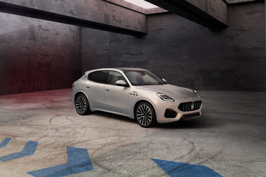 The Grecale’s sheetmetal flows cleanly down its large, low-slung hood into a squat, fastback-like profile. (Courtesy Maserati)