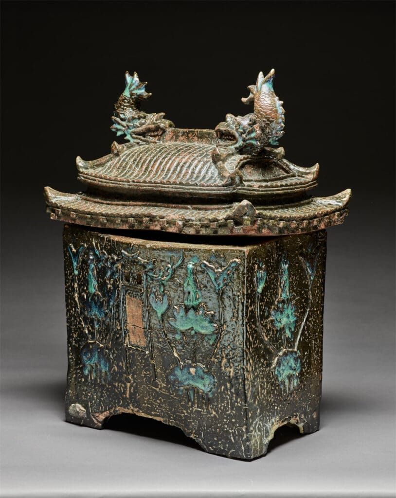 Lidded urn for second burials used as part of funerary ritual. Ryūkyū Kingdom, 19th century. Okinawa. Stoneware with bright colored glazes. (Photo by Chadwick Redmon)