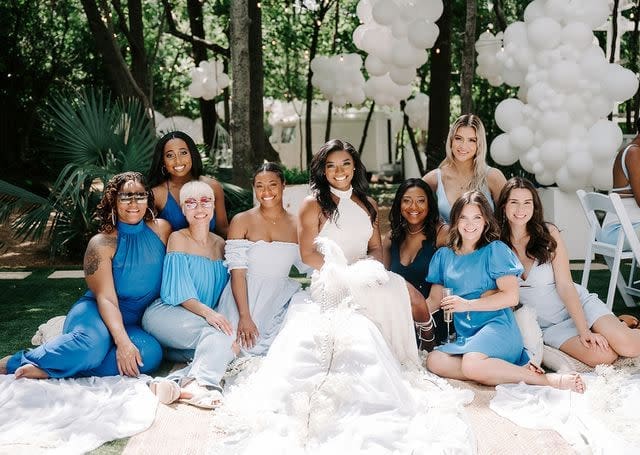 Simone Biles' bridesmaids dress in shades of blue for the bridal shower at The Juliana in Houston's Heights neighborhood. (Photo by Rachel "Rae Tay" Taylor IG @raetay_photography)