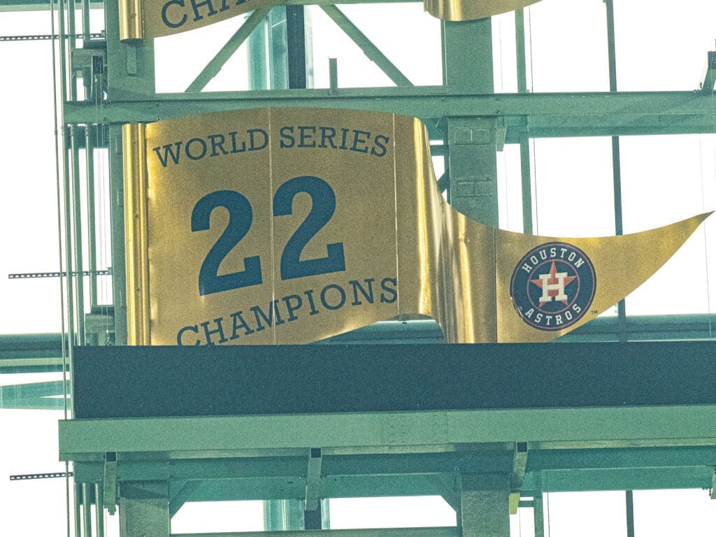 That gold 2022 world championship flag always will be there at Minute Maid Park. (Photo by F. Carter Smith)