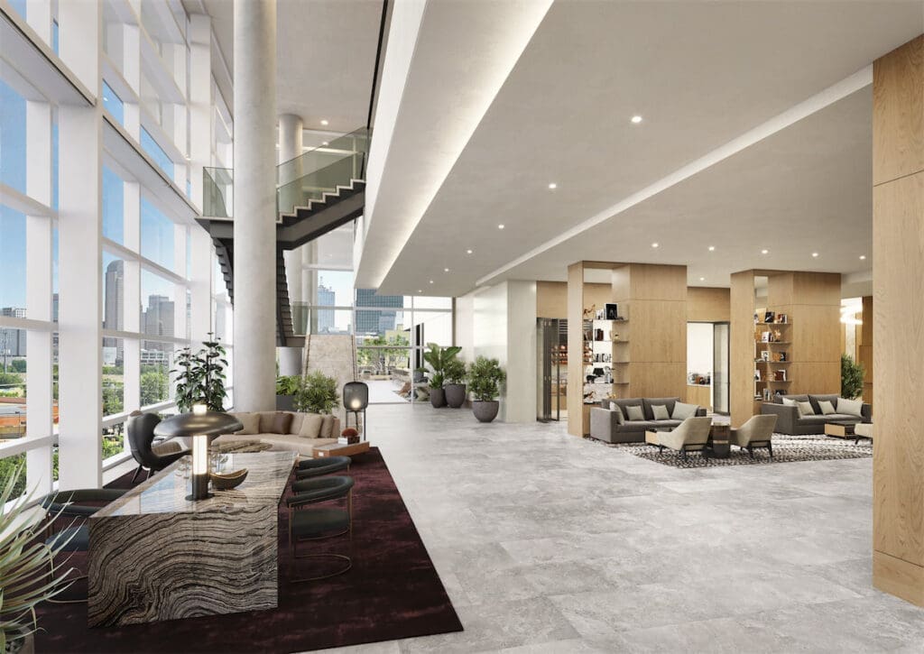 The 11th floor lobby atrium of the upcoming JW Marriott Dallas Arts District. (Rendering courtesy)