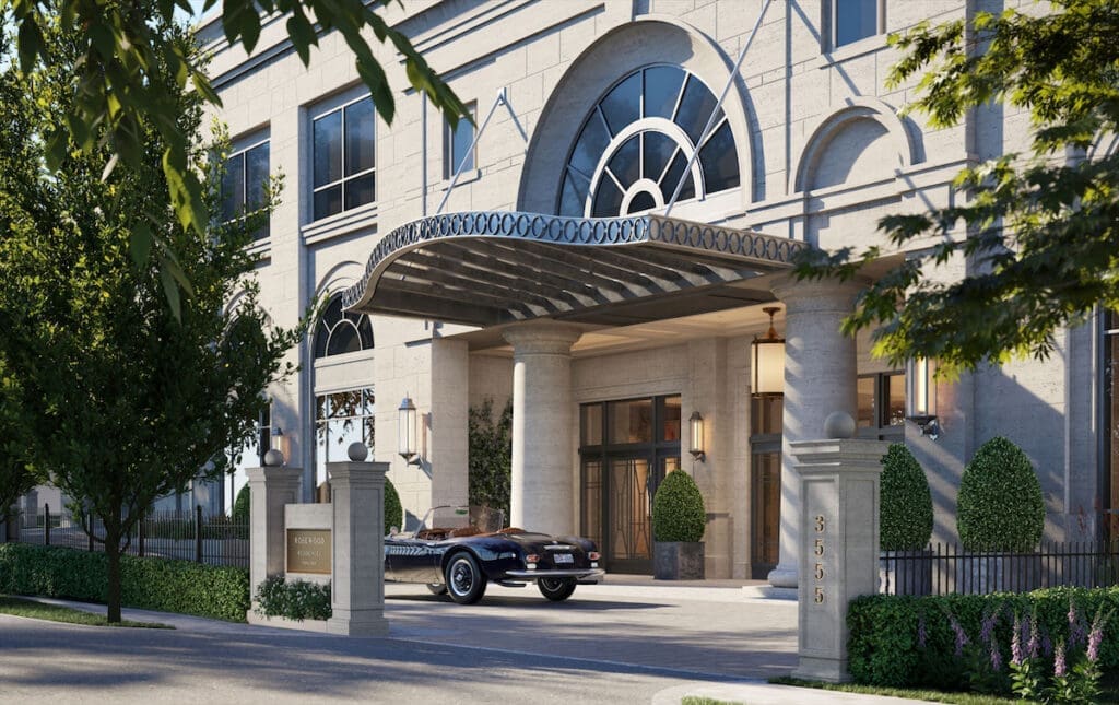 An elegant porte cochere welcomes owners and guests at the Rosewood Residences Turtle Creek. 