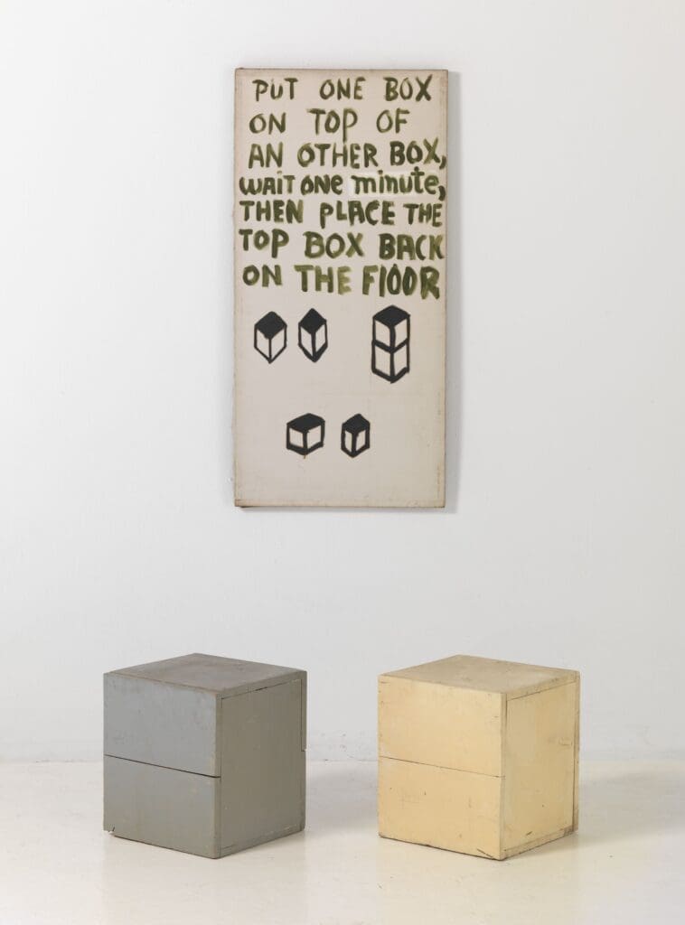 Walter De Maria's "Put One Box on Top of Another Box, Wait One Minute, Then Place the Top Box on the Floor," 1961. (Courtesy The Menil Collection, Houston and The Estate of Walter De Maria. Photo by Robert McKeever, courtesy Gagosian.)