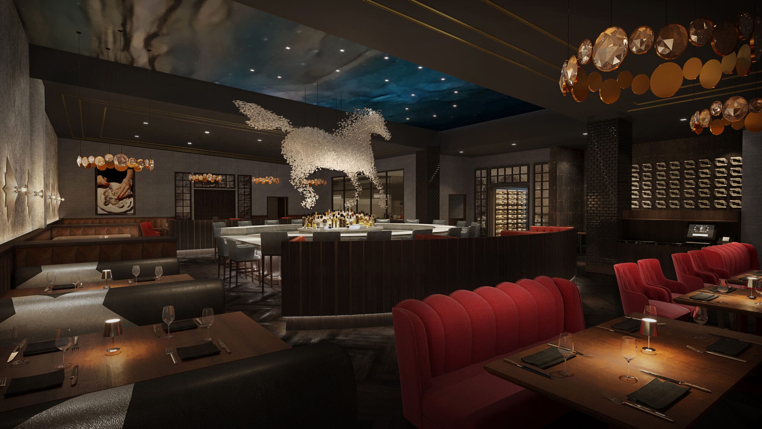 Trick Rider at Omni PGA Frisco Resort is an upscale steakhouse featuring a horse-shaped chandelier.