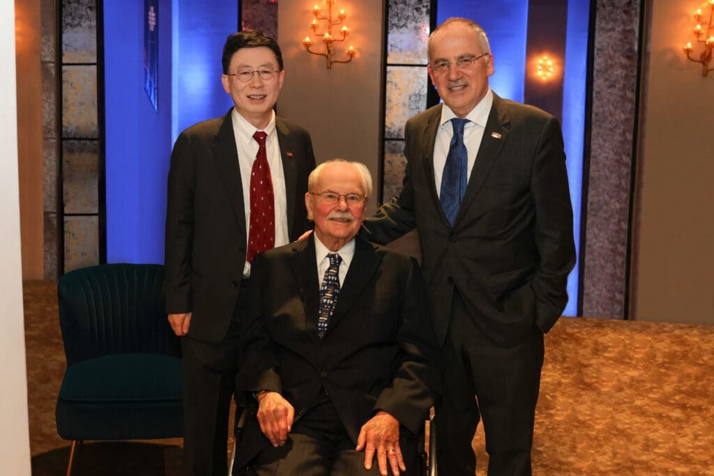 Jiajie Zhang, PhD, Brad McWilliams, Dr. Giuseppe N. Colasurdo at the UTHealth Art of Gratitude celebration (Photo by Priscilla Dickson)