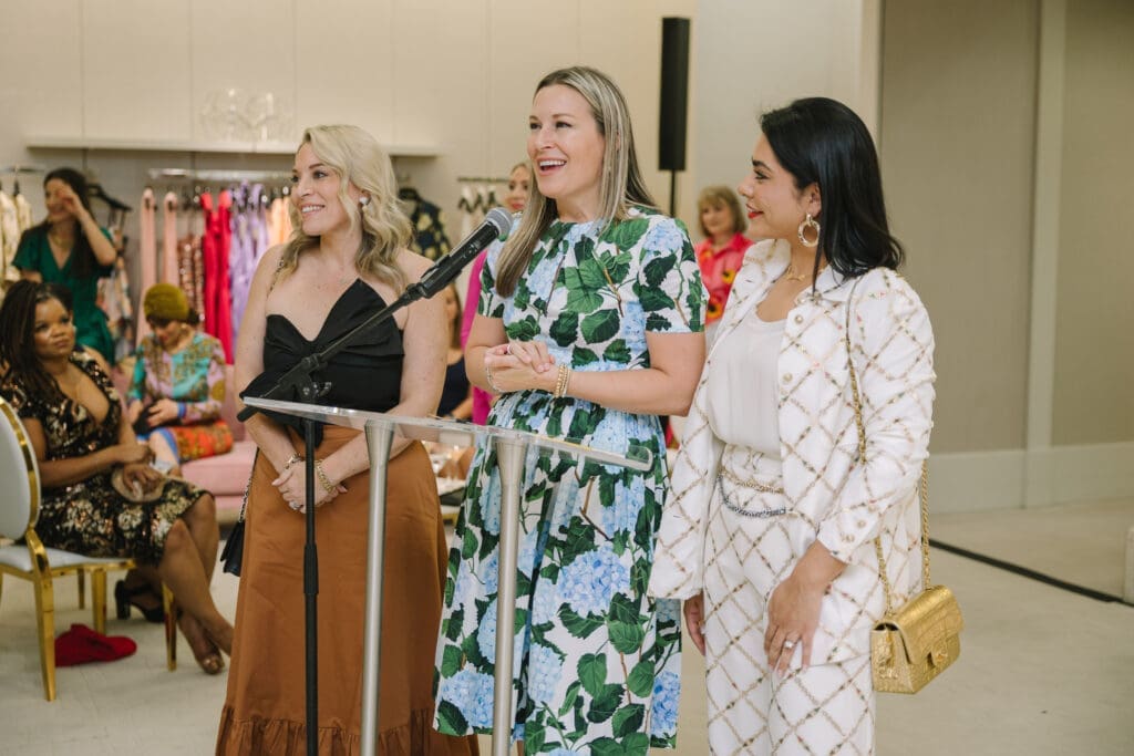 Raffle chairs Kristen Collins, Bethany Buchanan, Elia Gabbanelli at the PaperCity Philanthropy in Fashion Best Dressed announcement party at Neiman Marcus. (Photo by Johnny Than)