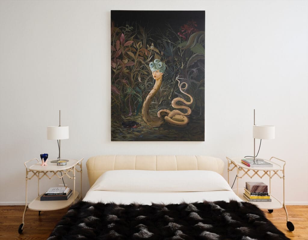 In the main bedroom, a Dalton Gata painting. Kartell nightstands. Bed by Jay Friedman for Brueton. (Photo by Jack Thompson)