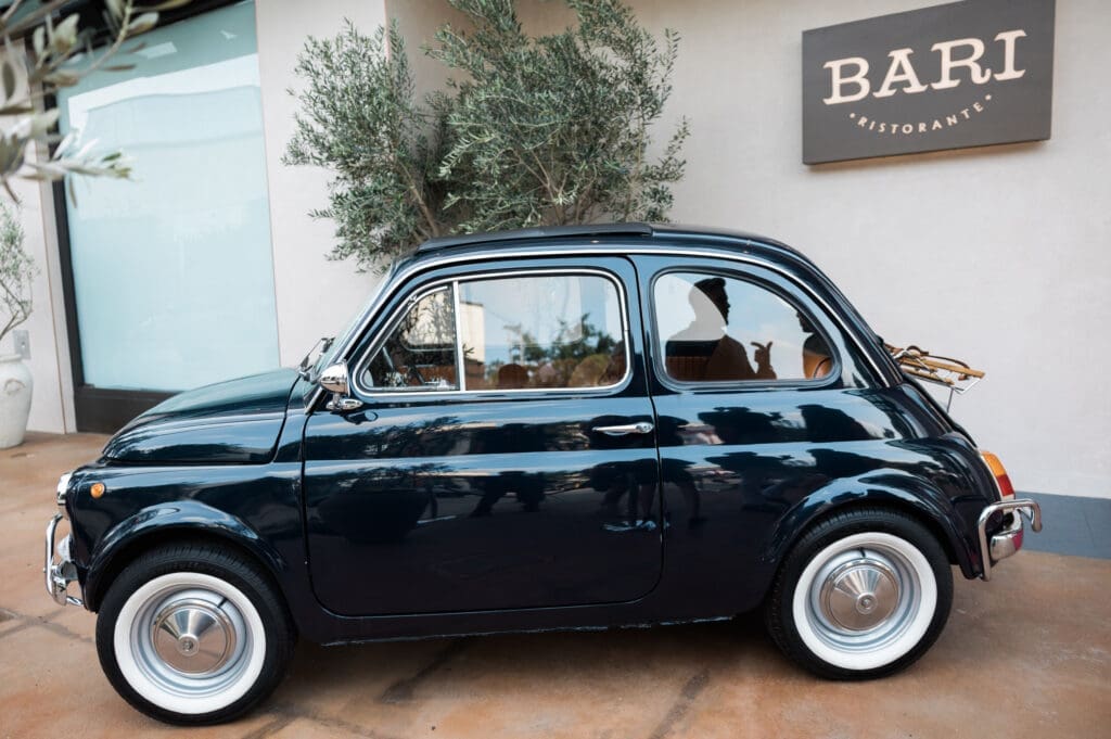 The 1970 Fiat that welcomes guests to Bari Ristorante in River Oaks District (Photo by Johnny Than)