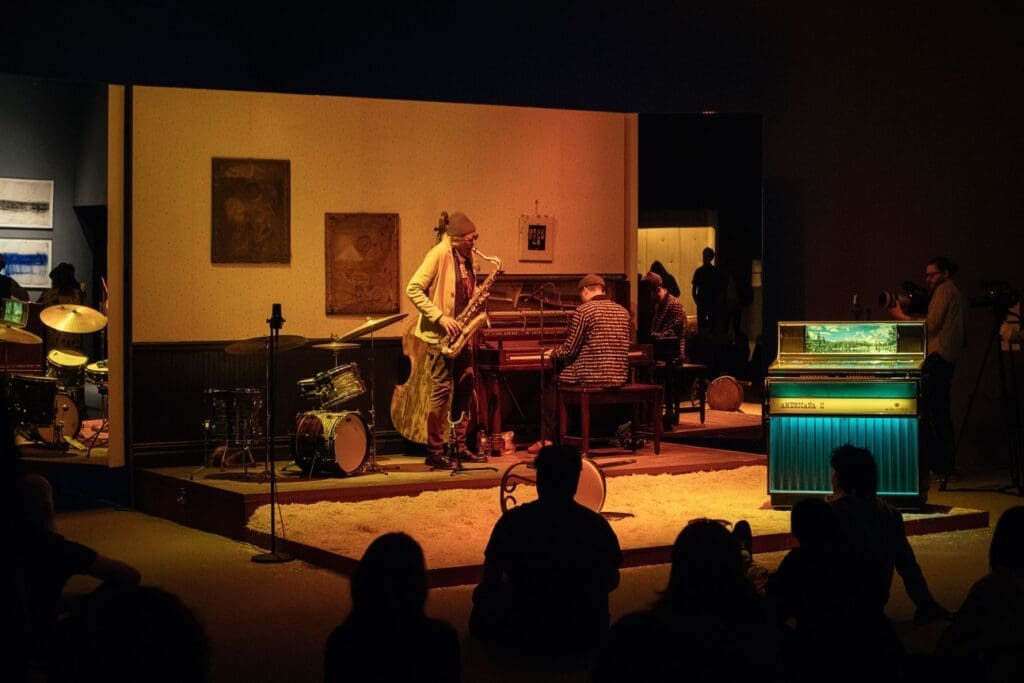Installation view of the exhibition "Jason Moran" and opening-night performance by Alicia Hall Moran, saxophonist Charles Lloyd, and Jason Moran at the Walker Art Center, Minneapolis, April 26, 2018. (Courtesy the artist and Walker Art Center. Photo by Nate Ryan for Walker Art Center, Minneapolis)