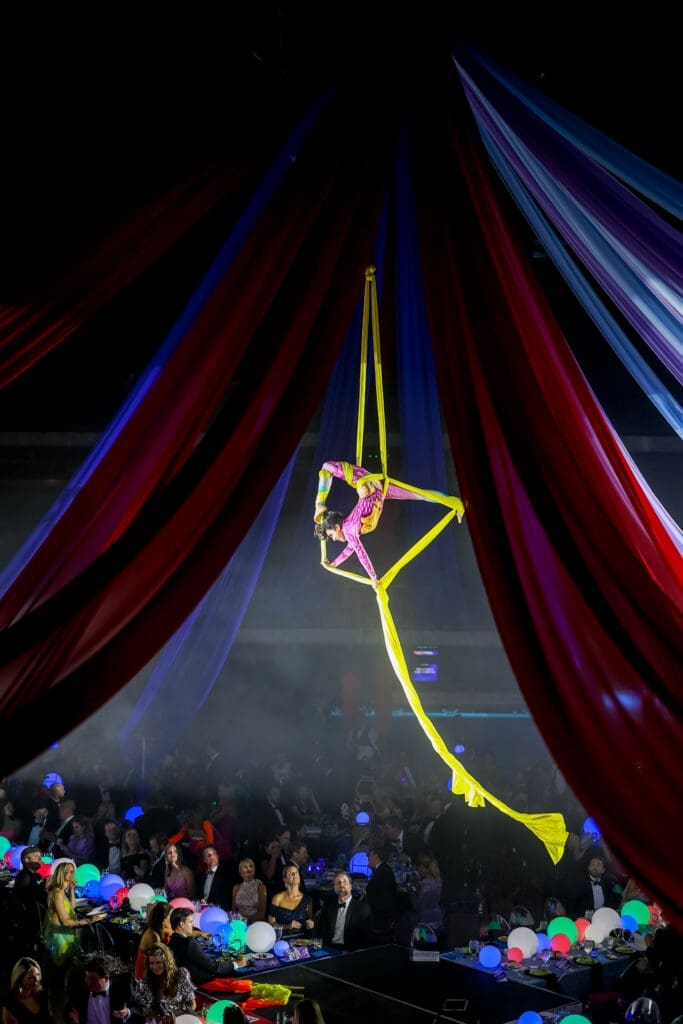 Aerialists welcome guests to the Children's Fund 'An Evening of Mystère!' gala (Photo by Wilson Parish)