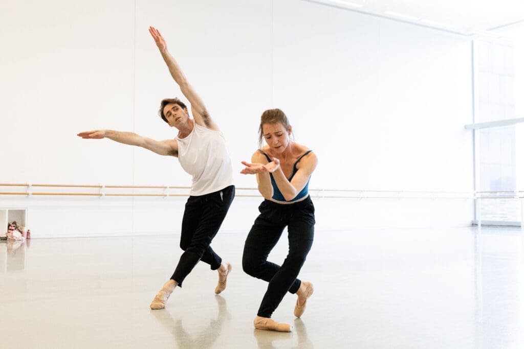 Houston Ballet Principals Jessica Collado and Connor Walsh rehearsing Justin Peck’s Under the Folding Sky. (Photo by Lawrence Elizabeth Knox)