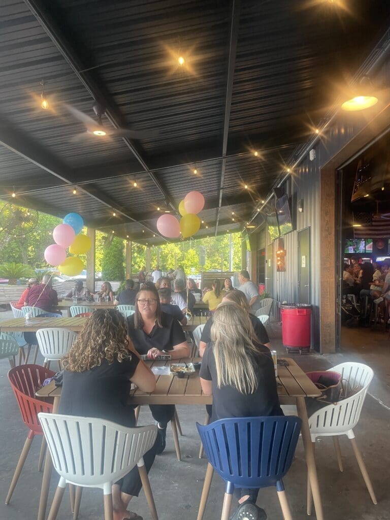 A large covered open area in just one place for groups to meet at Sawyer Park in The Woodlands. 