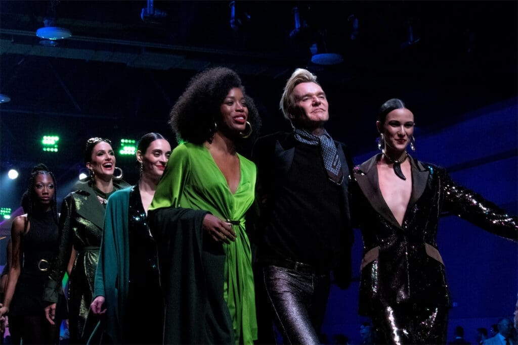Ken Downing and Models on runway wearing Halston (Photo By Lori Sapio)
