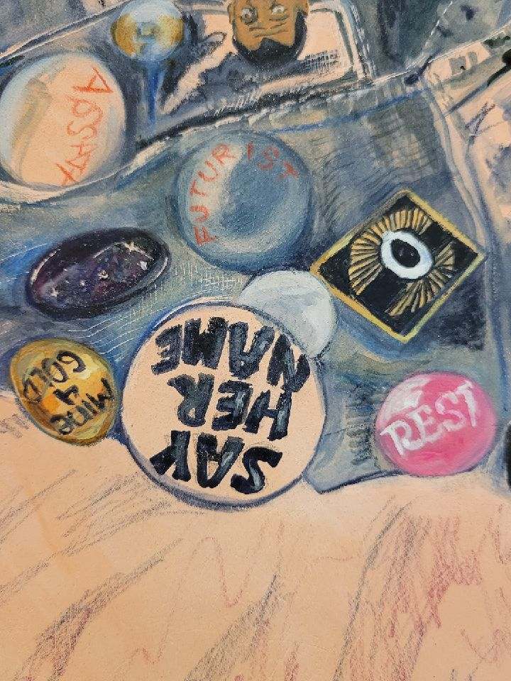 A section of Lovie Olivia's painting "Rest Assured" (2023) depicts a denim jacket with socially conscious, historic buttons. (Courtesy the artist and Art Is Bond gallery, Houston)