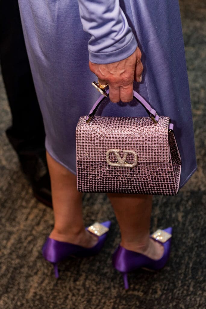 Purple Valentino Mini VSLING Bag with Rhinestones (Photo by Tamytha Cameron and Celeste Cass)