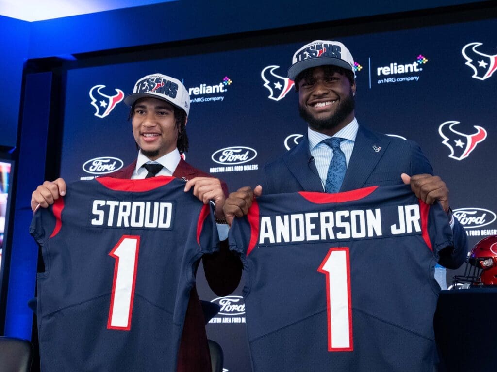 New Houston Texans C.J. Stroud and Will Anderson Jr. are happy to be in Houston. And that's no small win. (Photo by F. Carter Smith)