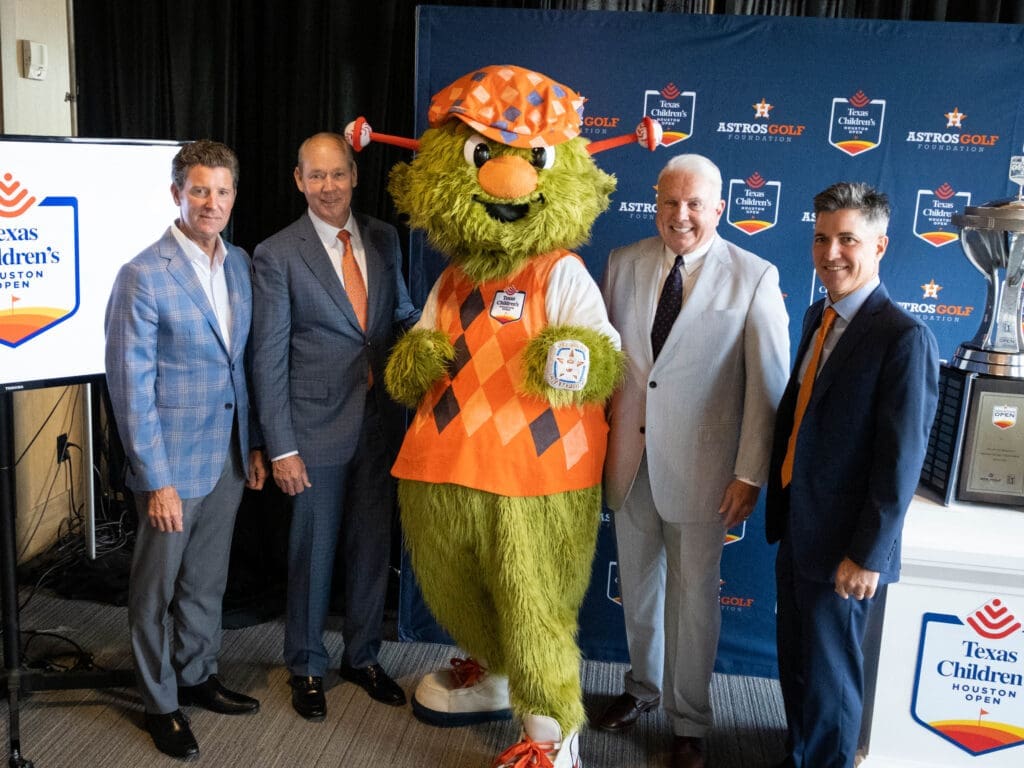 The major players behind Texas Children's Hospital coming on as the title sponsor of the Houston Open gather around golfer Orbit. (Photo by F. Carter Smith)