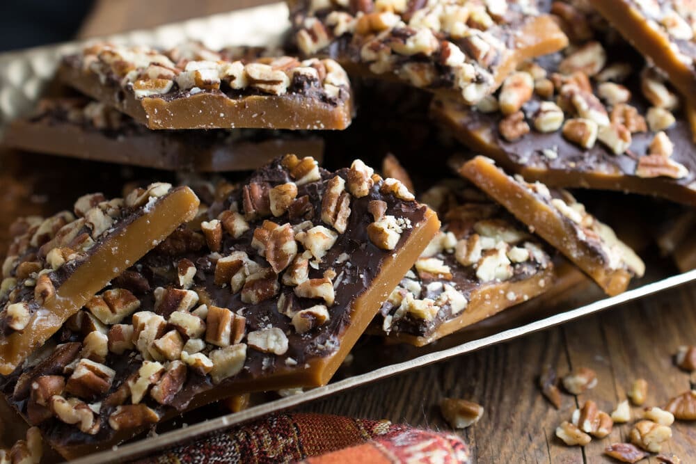 Simply delicious Wildtoad Toffee with a coating of dark chocolate and chopped pecans for the win.
