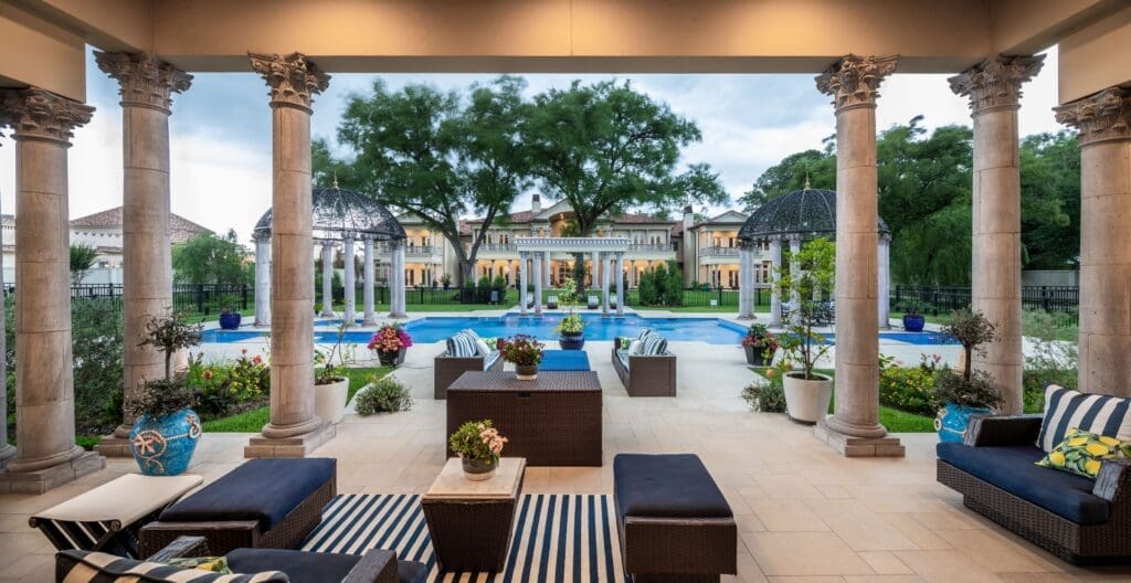The lavish pool pavilion echoes the Palladian influences of the main house.
