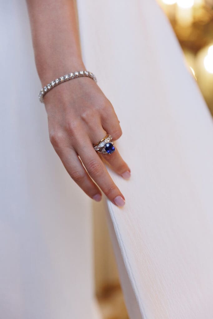 Skylar Pinchal's engagement ring is vintage from Bentley & Skinner. The gold band is a bamboo ring from Jessica McCormack and the eternity band is custom from Houston's Taylor & Co, made by Tessa Taylor.(Photo by German Larkin)