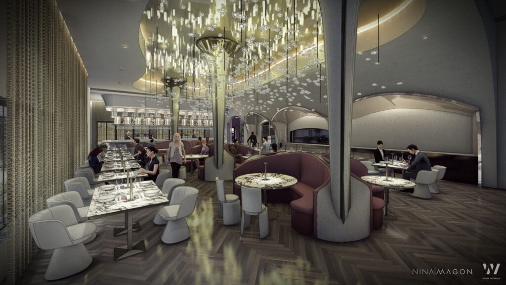 The restaurant boasts 7,000 square feet of indoor space with 2,000 square feet of outdoor courtyard dining. Inside the dining room will be illuminated with hundreds of crystal lights that appear to hover above casting light upon the soaring columns and archways. (Photo by Ashley Flowers)