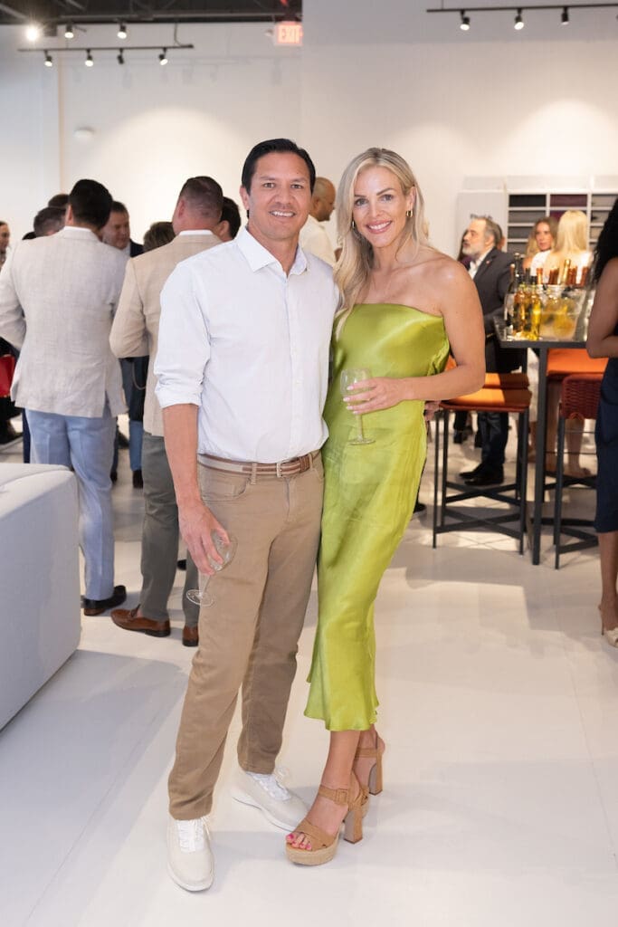 Bryan Ching, Lindsay Yates at the BeDESIGN fête introducing Sorellina Rooftop and Frerejean Frères champagne.