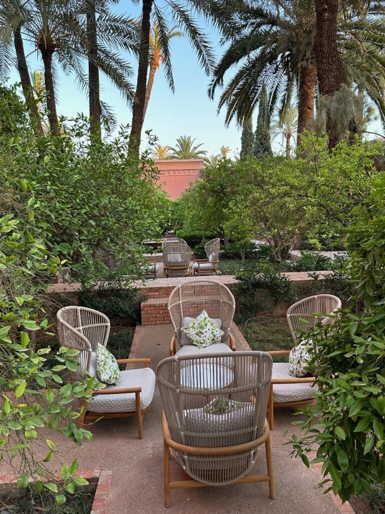 A quiet sitting area in one of the gardens at the Royal Monsour Hotel in Marrakech, Morocco