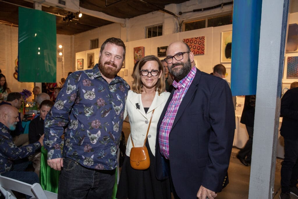 Douglas Welsh, Sarah Fisher, Bill Willis at the 2023 Glasstire Party & Auction (Photo by Jenny Antill Clifton)