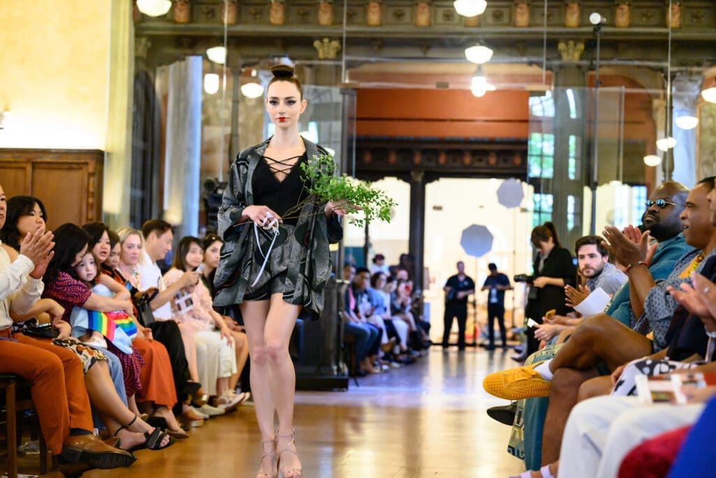 Kimono Zulu's gray black kimono modeled by Irina Borodina at the Ascend AAPI Spring Fashion Show (Photo by Ken Jones)