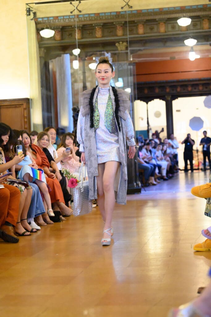 A gray kimono by Kimono Zulu modeled by Karen Yen at the Ascend AAPI Spring Fashion Show (Photo by Ken Jones)