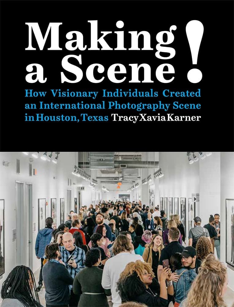 The front cover of Making a Scene! shows Opening night of the FotoFest Biennial 2020 exhibition "African Cosmologies: Photography, Time, and the Other," at Silver Street Studios. (Photo by Os Galindo, courtesy FotoFest) 