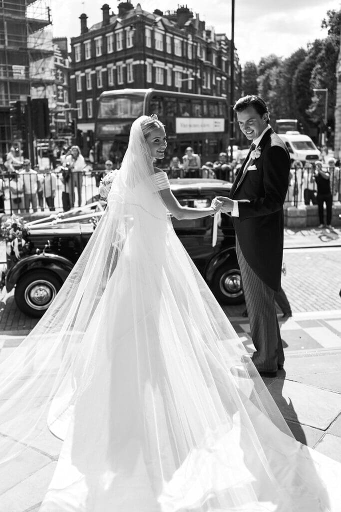 Skylar Pinchal and Oliver Coysh departed the church in a vintage black London cab. (Chris Allerton Photography)