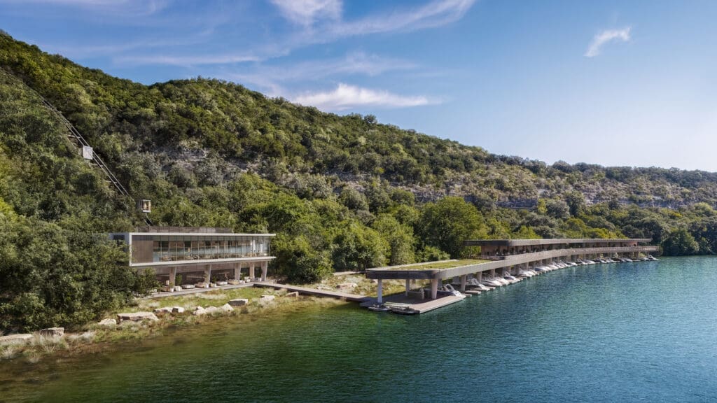 The Lake Clubhouse and Private Marina at Four Seasons Private Residences Lake Austin (Rendering by DBOX for Austin Capital Partners)