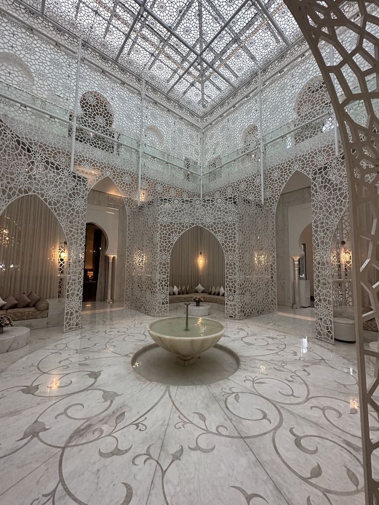 Elaborate filigree work in the spa at the Royal Mansour Hotel in Marrakech, Morocco, soars alway to the ceiling